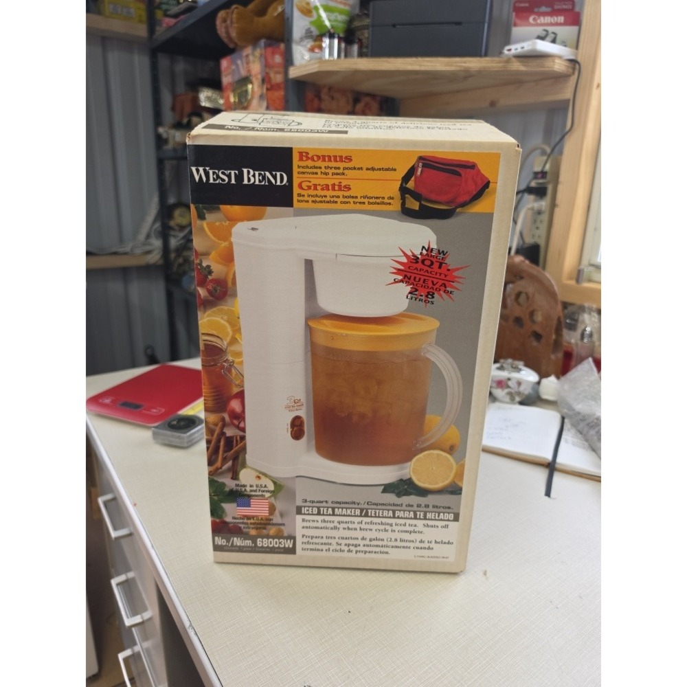 West Bend 3 Qt Iced Tea Maker NIB White Automatic Shut Off with Hip Pack Bonus